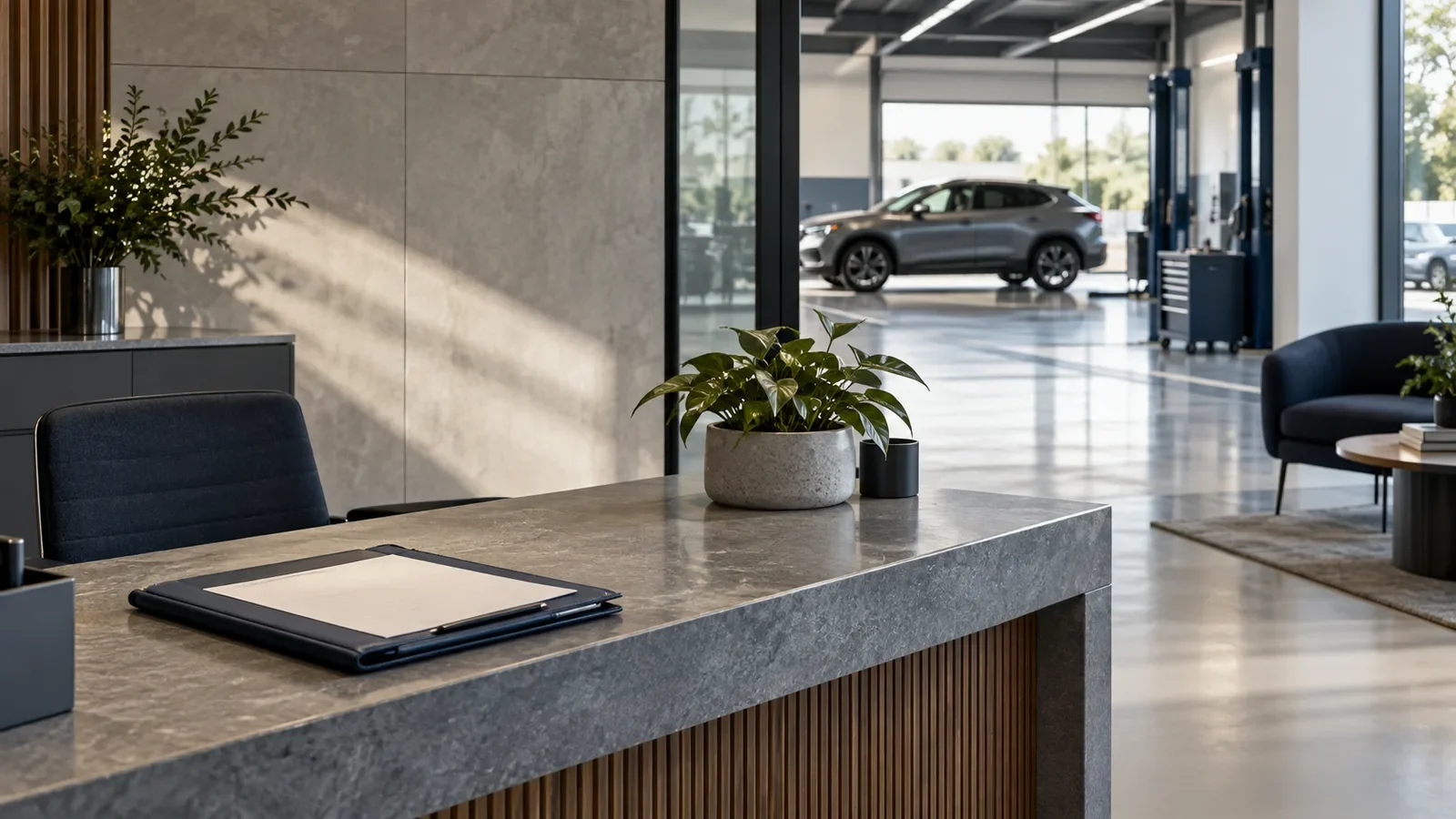 Automotive service reception with a workshop in the background