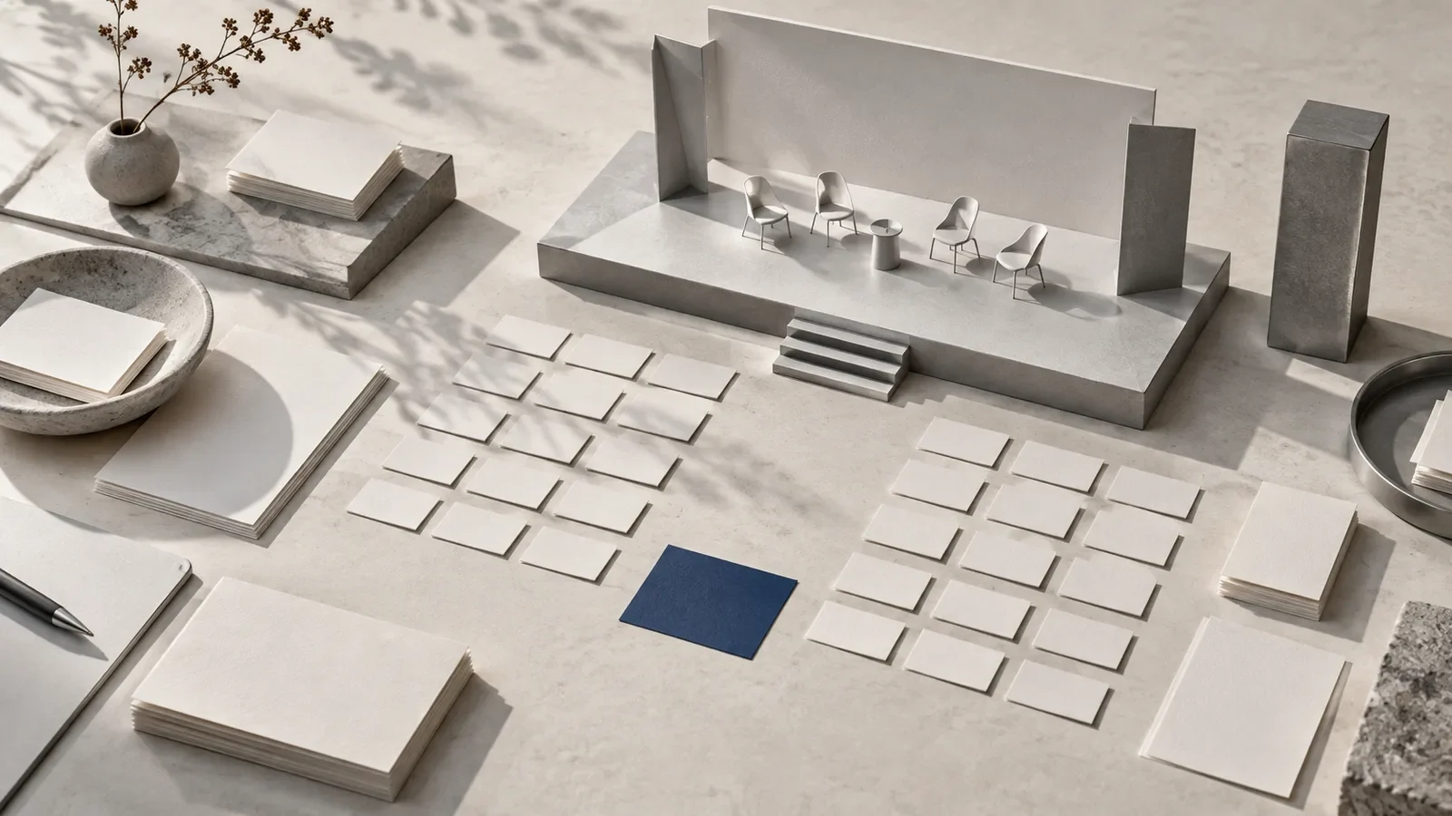 Planning cards organized around a scale model of a stage