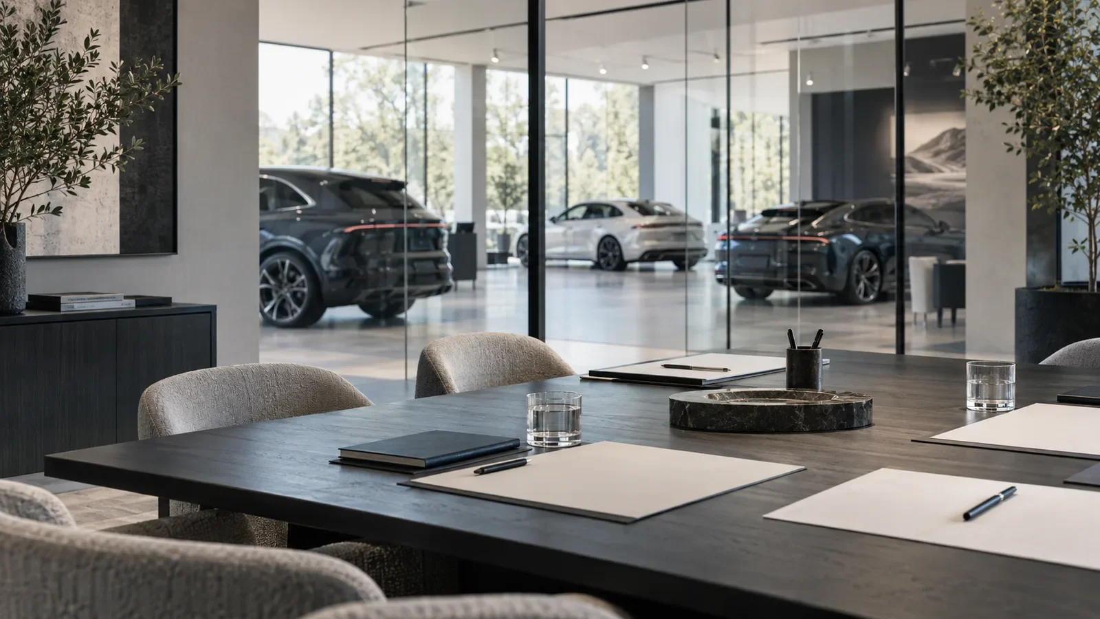 Planning table overlooking an automotive showroom