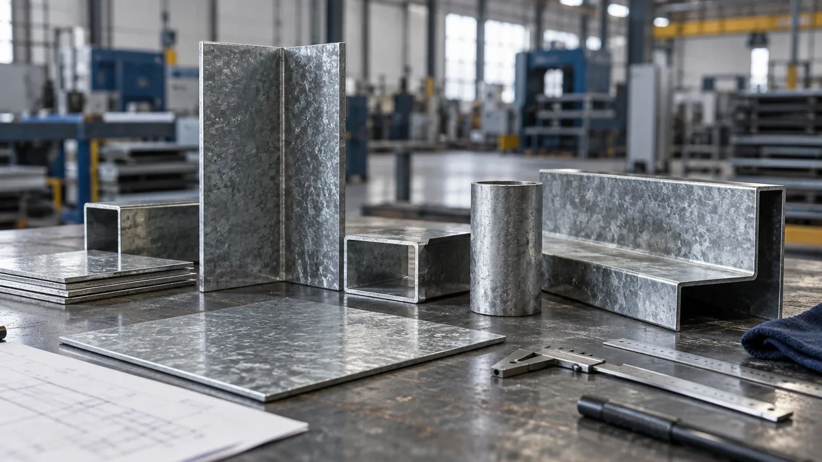 Galvanized steel samples on an industrial workbench