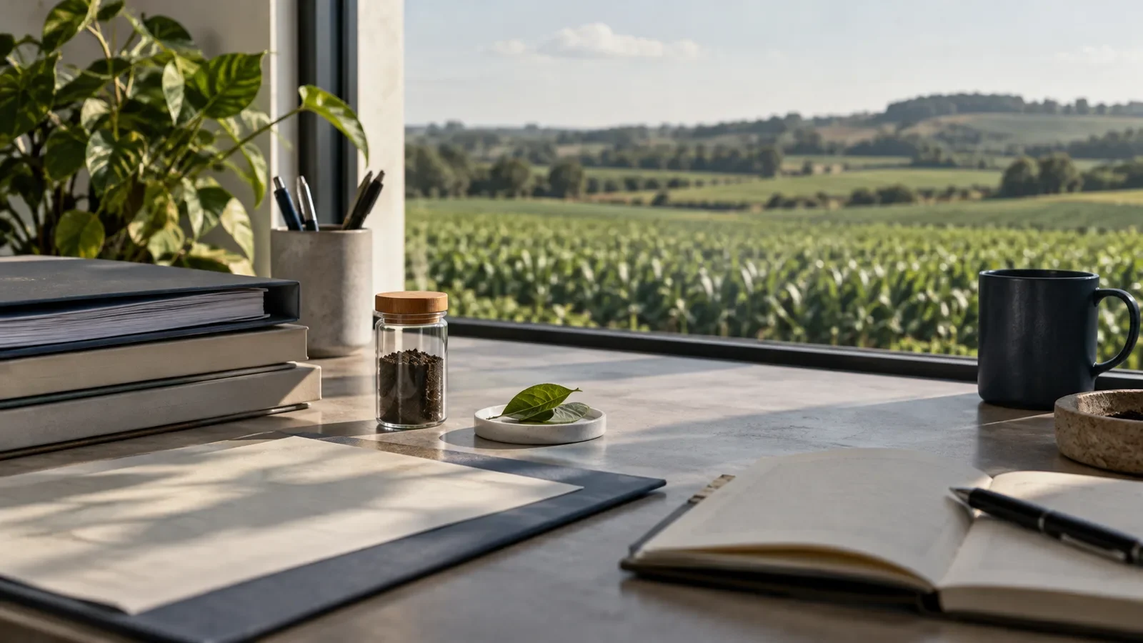 Agronomic documents and samples beside a window overlooking crops