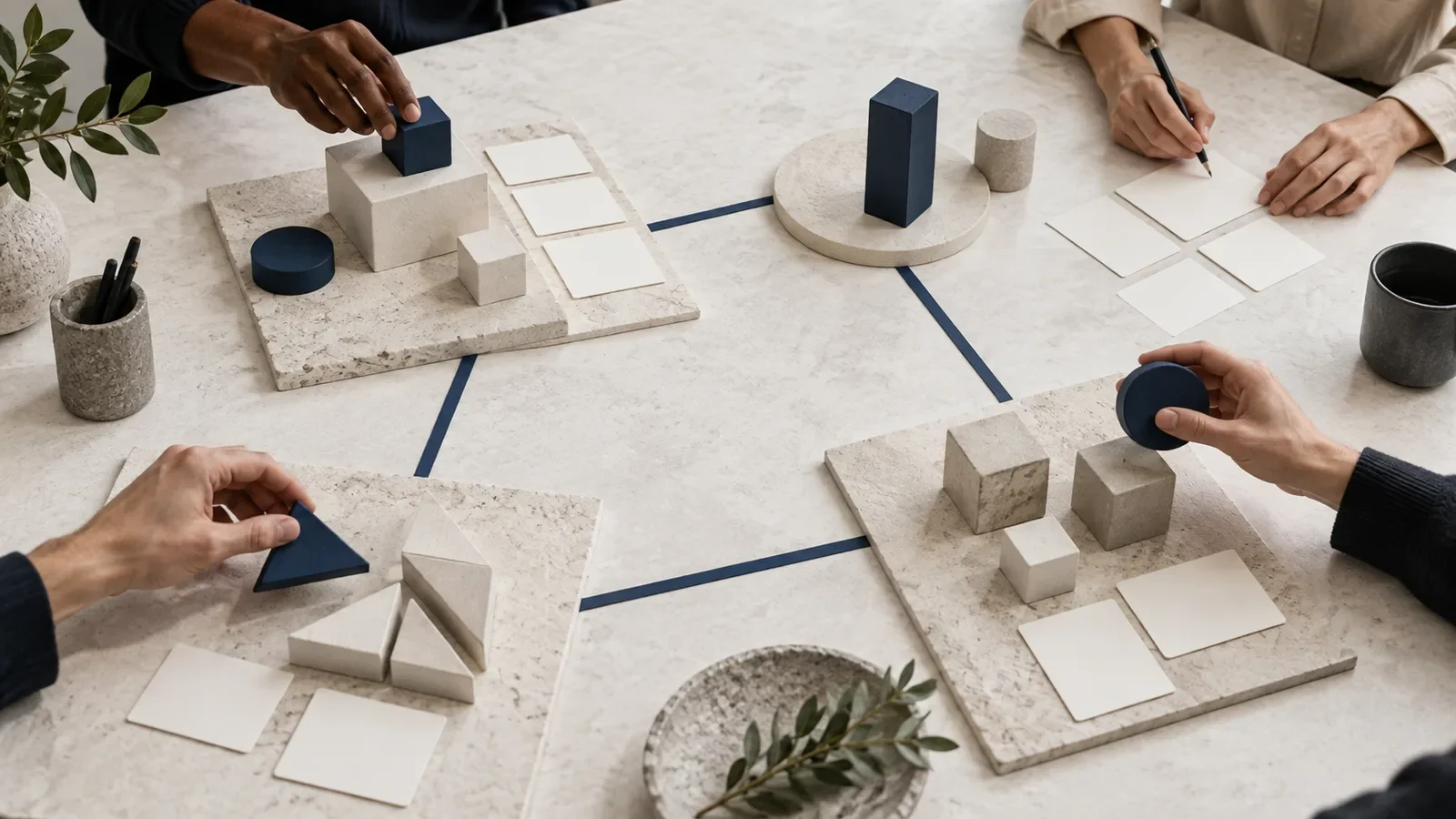 Four groups of pieces and cards representing experimentation across teams
