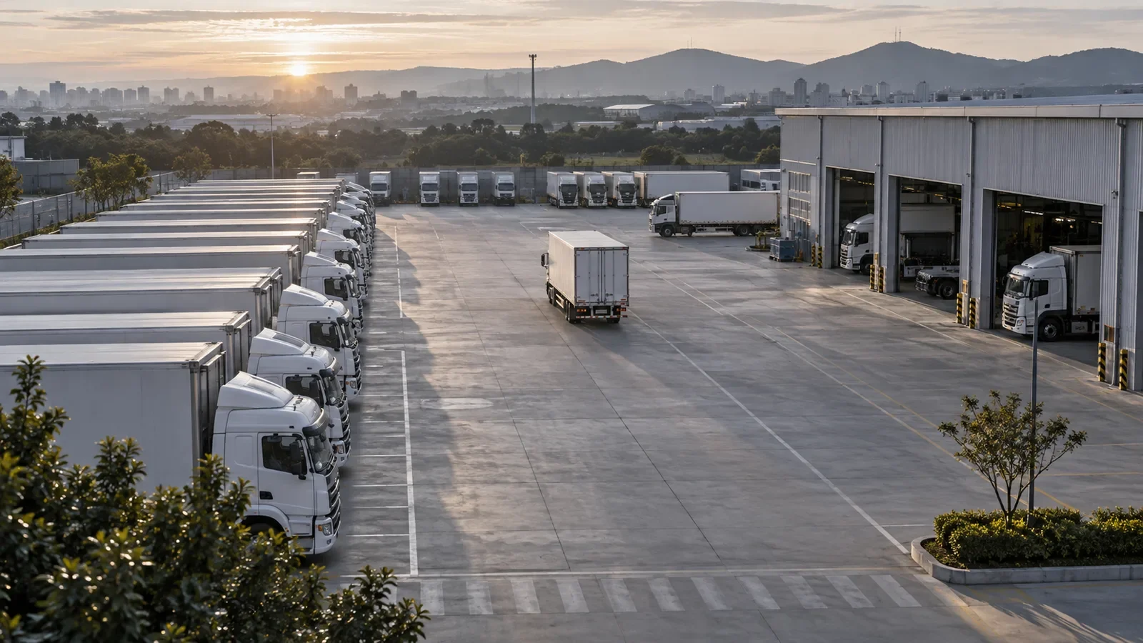 Elevated view of an organized transport fleet yard