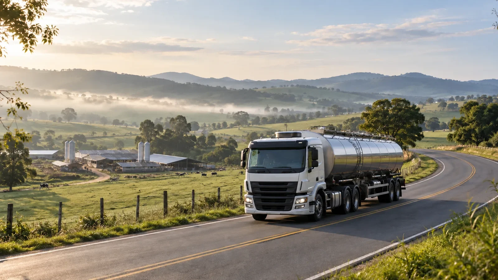 Milk tanker on a rural road through pastures